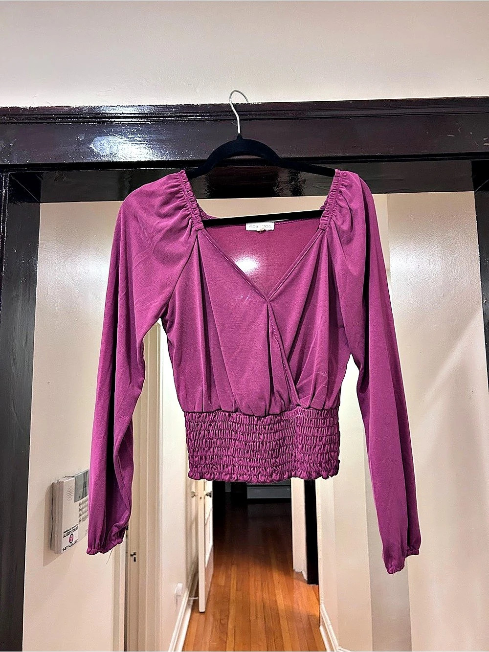 moa moa Ruched Long Sleeve V-Neck Wrap Crop Top Purple Small